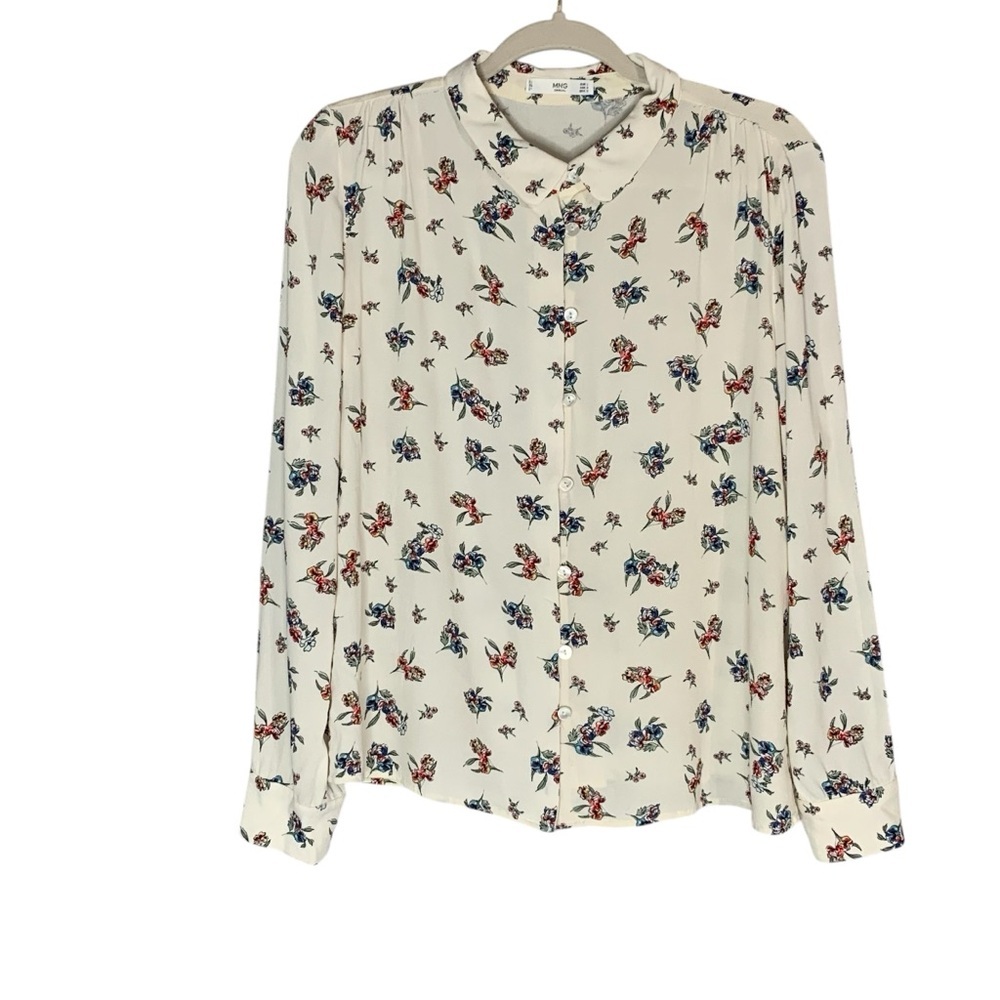 MNG Casual Cream Mandarin‎ Collar Long Sleeve Floral Blouse. Size 8
